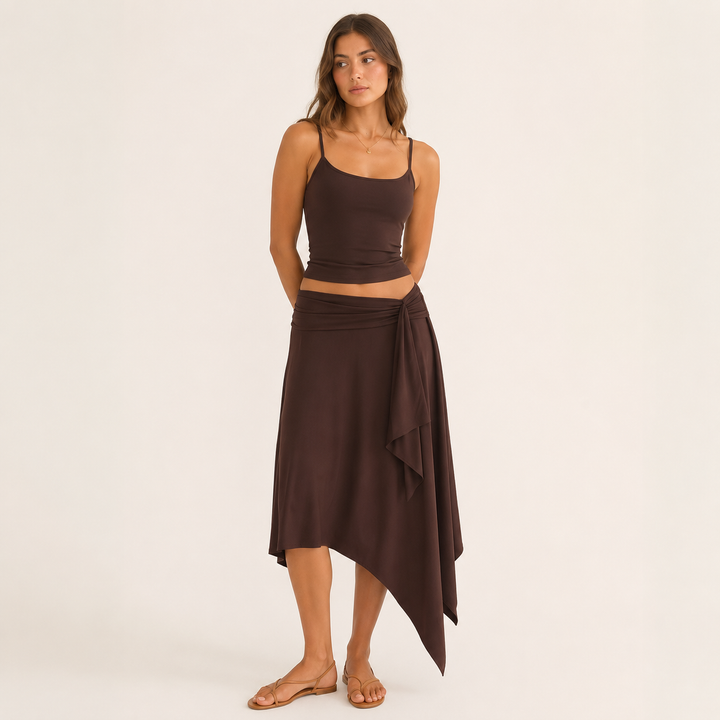 Breeze | Brown Cami Top Wrap Midi Skirt Set