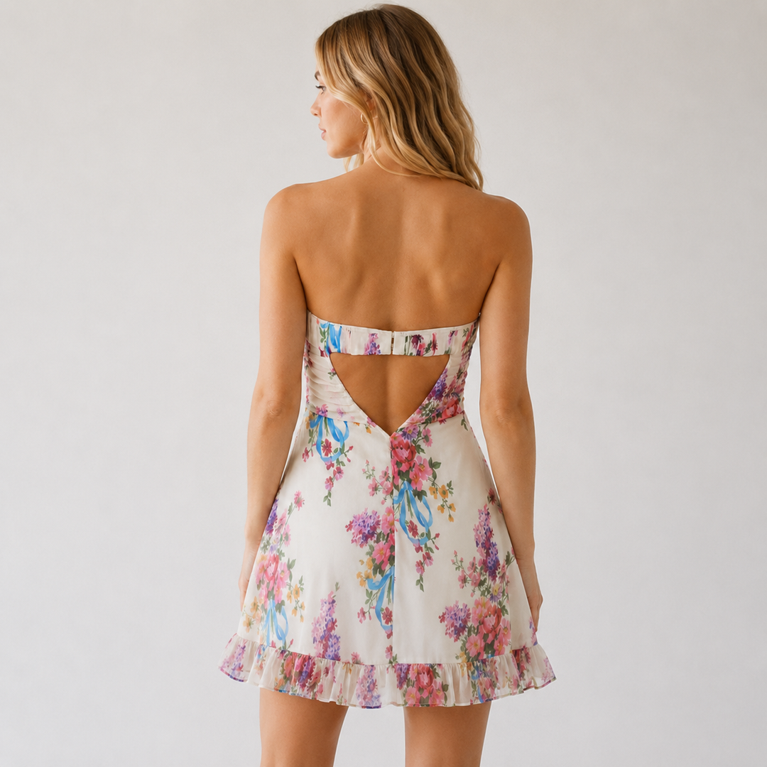 Fawn | White Floral Strapless Babydoll Ruffle Mini Dress