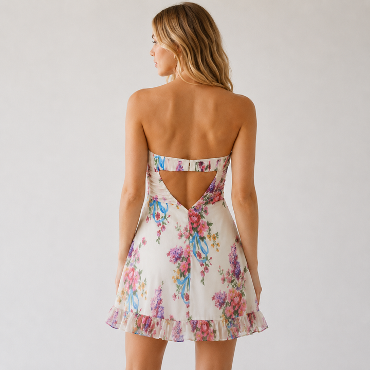 Fawn | White Floral Strapless Babydoll Ruffle Mini Dress