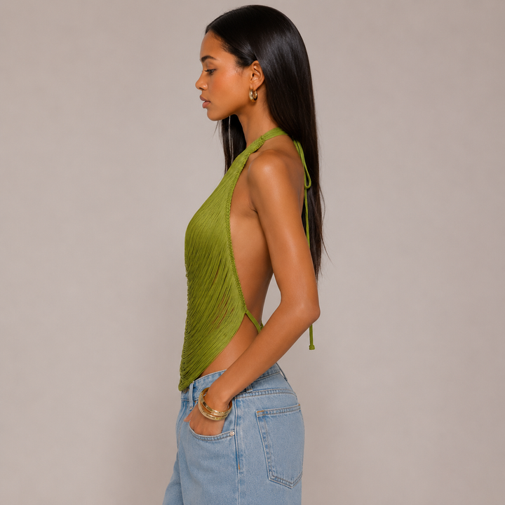 Toss | Green Tassel Backless Halter Top