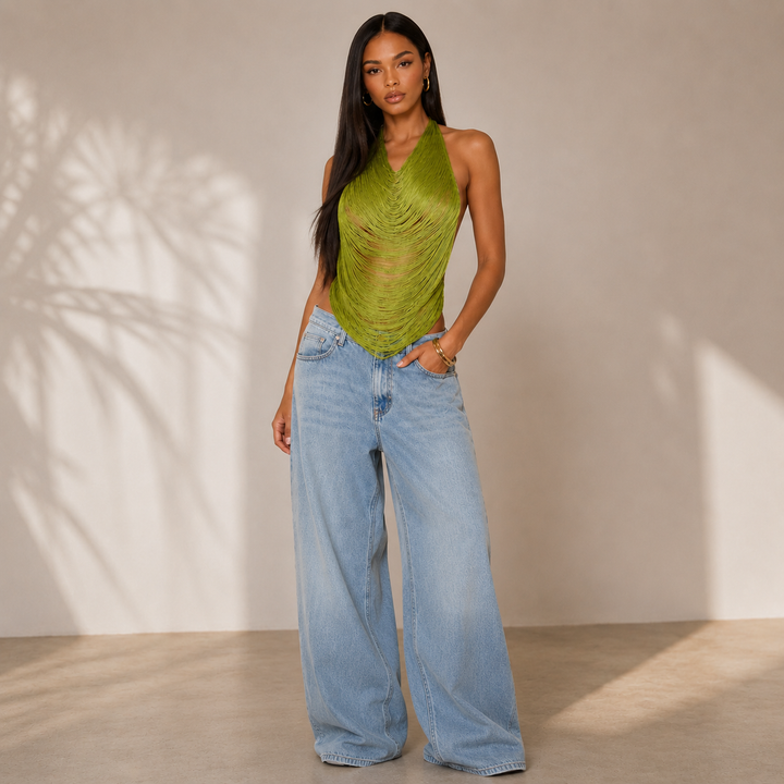 Toss | Green Tassel Backless Halter Top