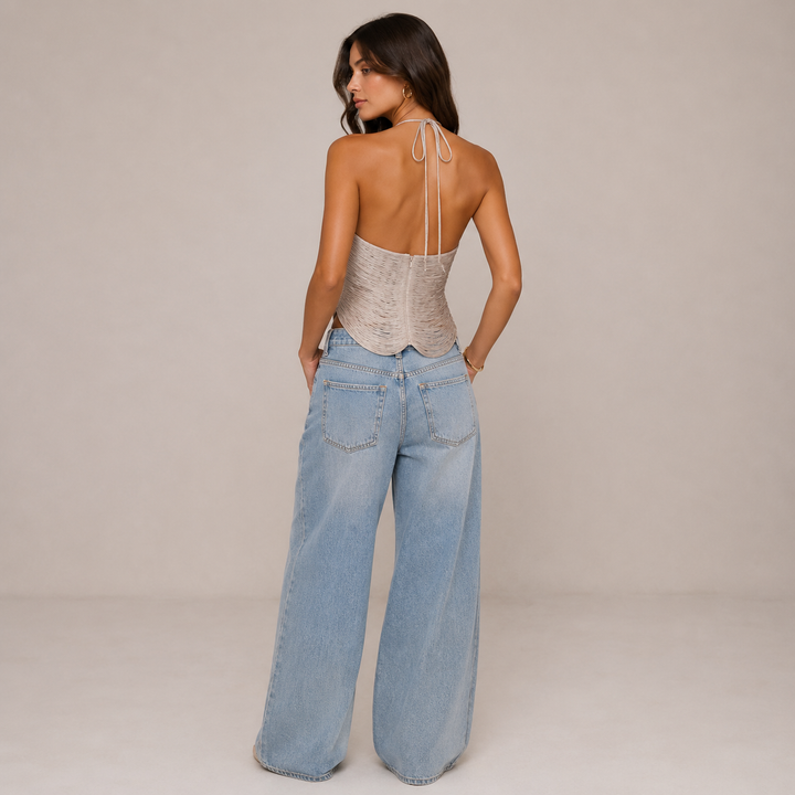 Tea | Beige Metallic Fringe Halter Top