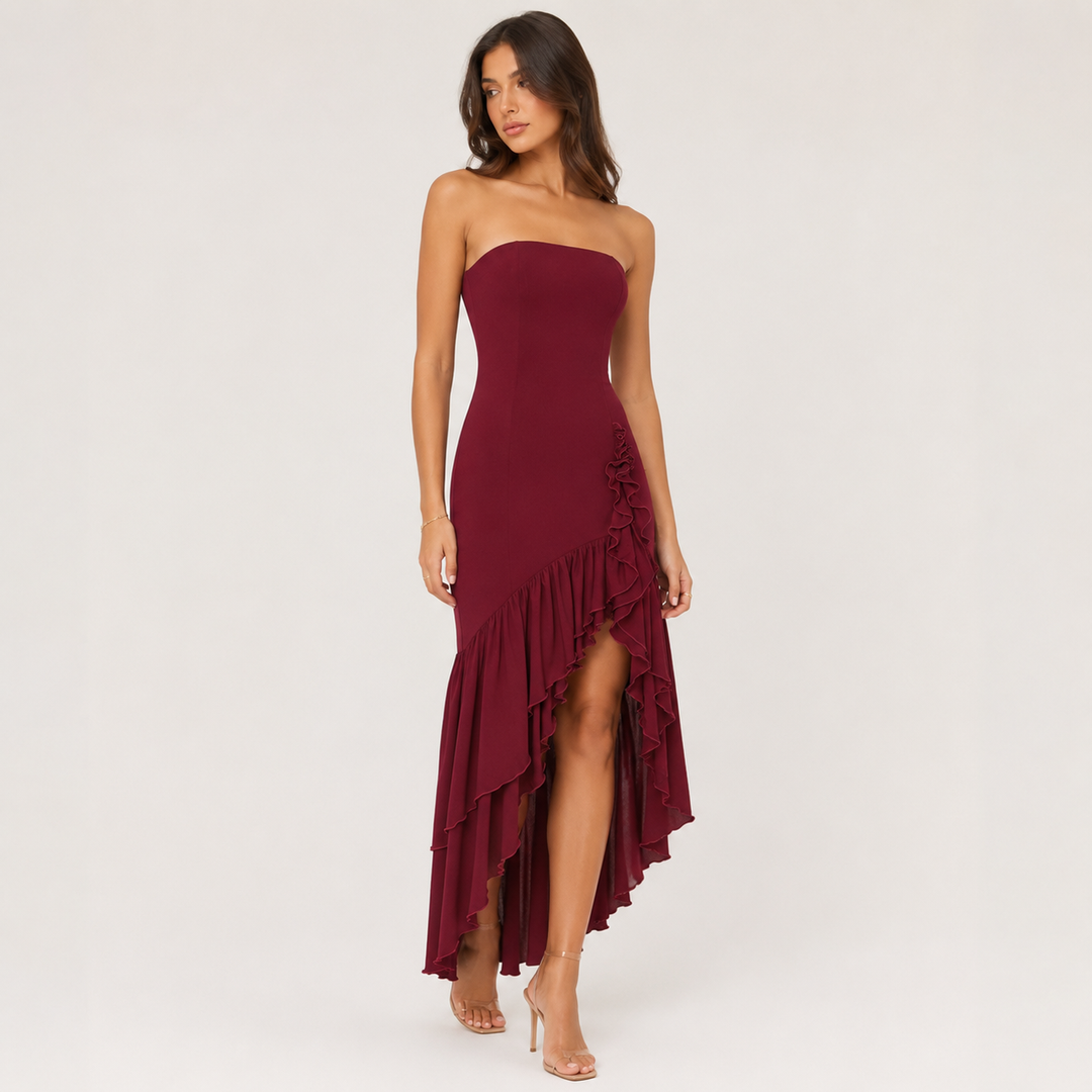 Joy | Burgundy Strapless Ruffle Maxi Dress
