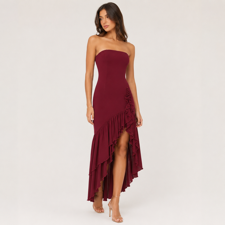 Joy | Burgundy Strapless Ruffle Maxi Dress
