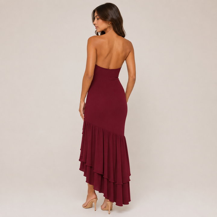 Joy | Burgundy Strapless Ruffle Maxi Dress