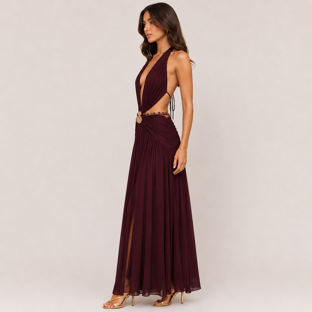 Seek | Burgundy Lace-Up Open Back A-Line Maxi Dress