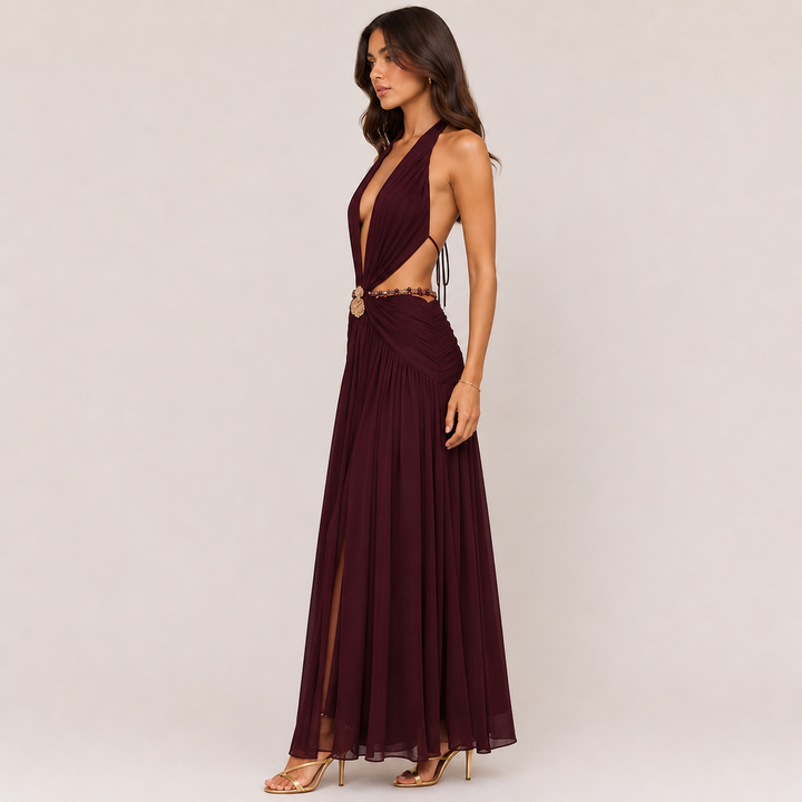 Seek | Burgundy Lace-Up Open Back A-Line Maxi Dress