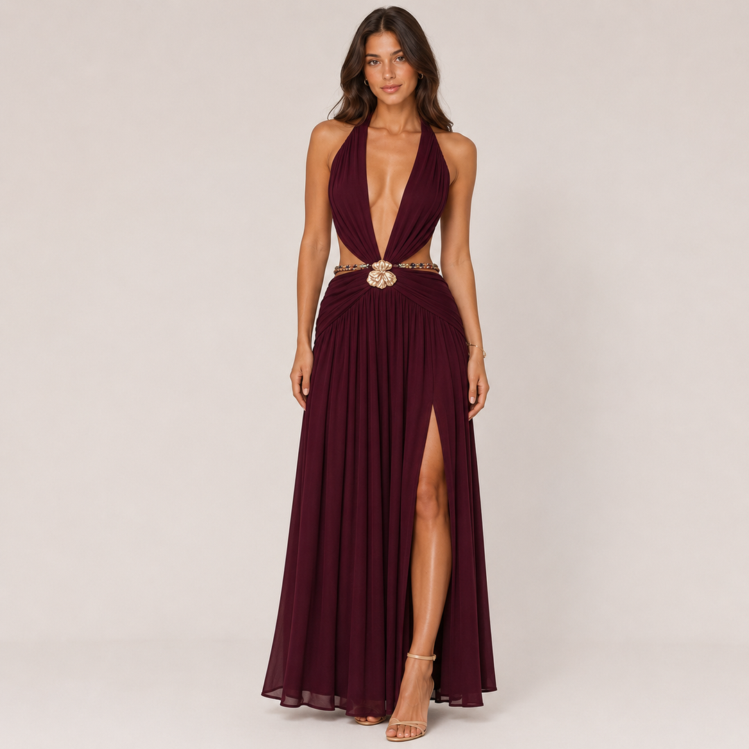 Seek | Burgundy Lace-Up Open Back A-Line Maxi Dress