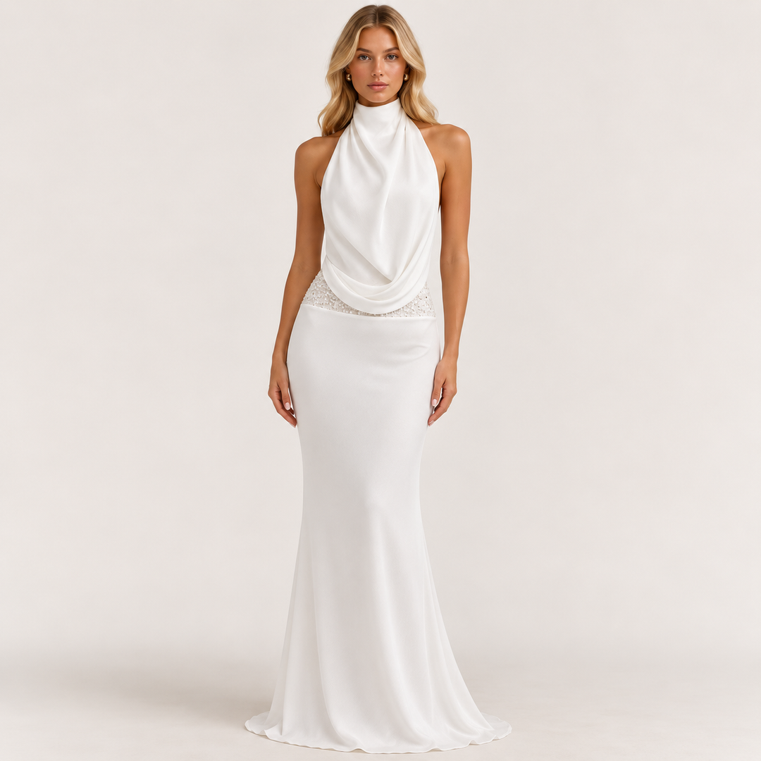 Mine | White Halter Cowl Neck Backless Maxi Dress