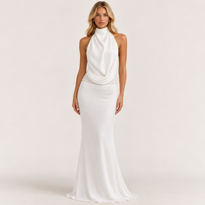 Mine | White Halter Cowl Neck Backless Maxi Dress