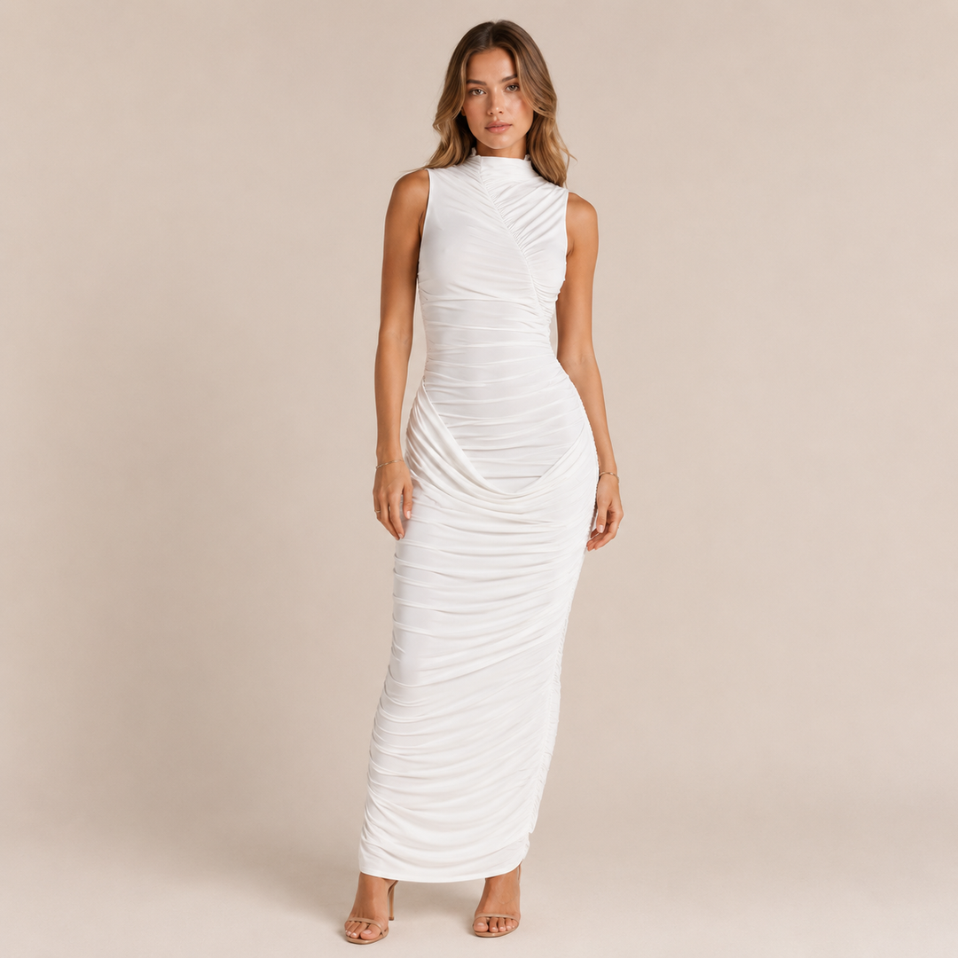 Loft | White Ruched Mock Neck Midi Dress