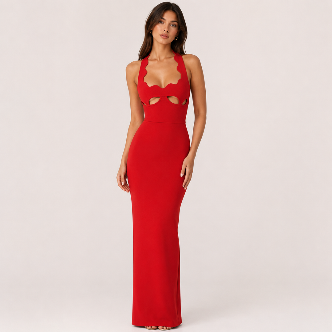 Fuse | Red Scalloped Halter Cutout Maxi Dress