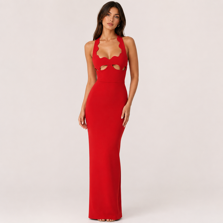 Fuse | Red Scalloped Halter Cutout Maxi Dress