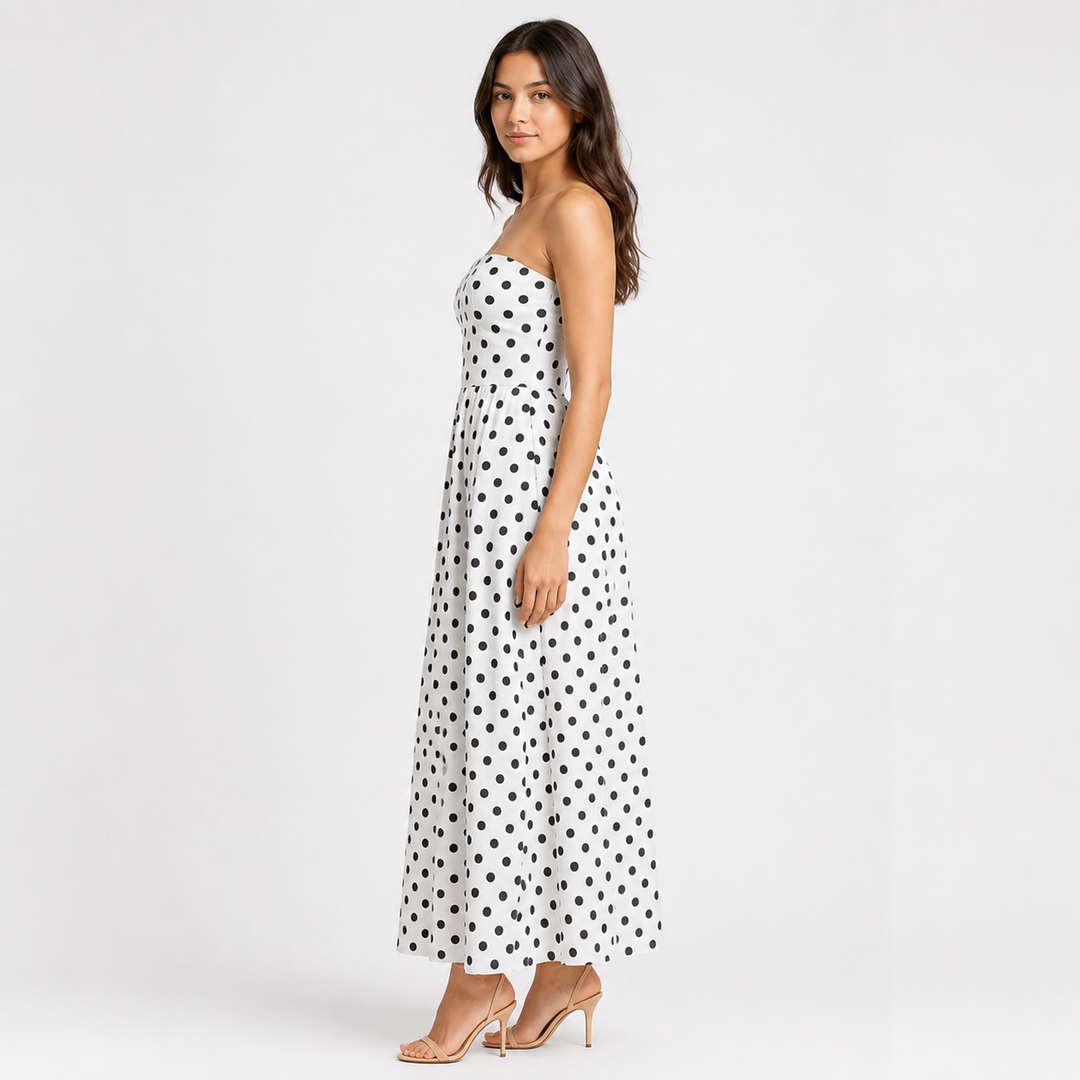 Reel | Polka Dot Strapless A Line Midi Dress