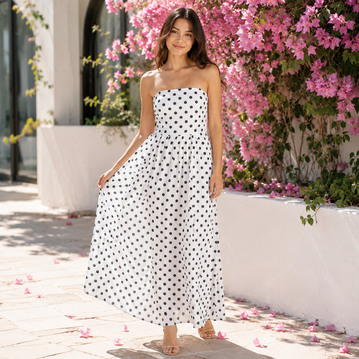 Reel | Polka Dot Strapless A Line Midi Dress