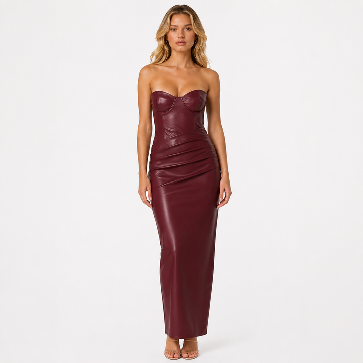 Nerve | Burgundy Faux Leather Strapless Lace Up Back Maxi Dress