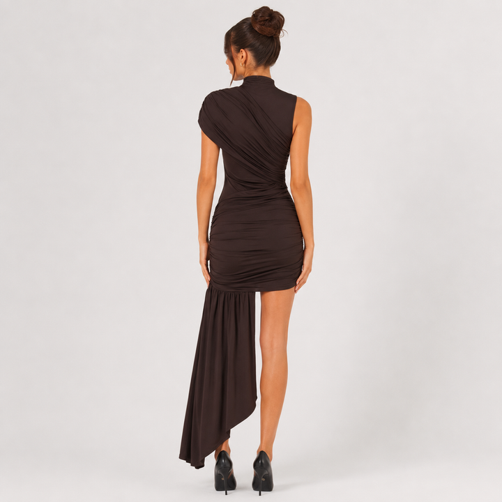Steal | Brown One Shoulder Ruched Mini Dress
