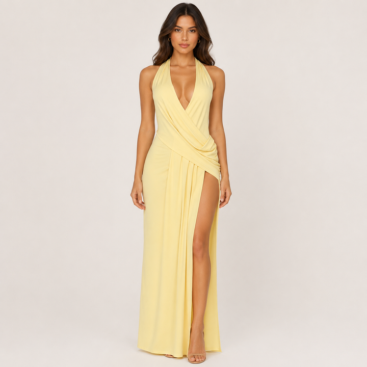 Breathe | Butter Yellow Halter Wrap Maxi Dress