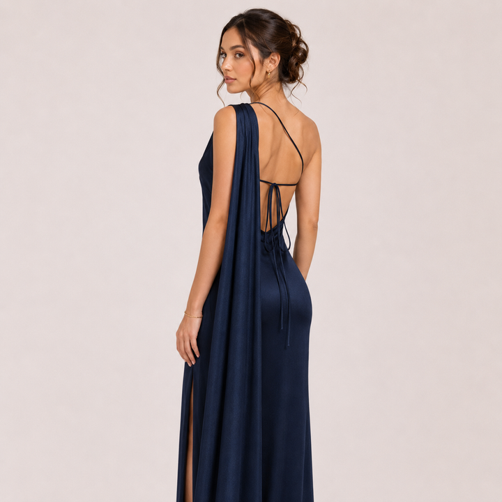 Glide | Navy Blue Satin One Shoulder Maxi Dress