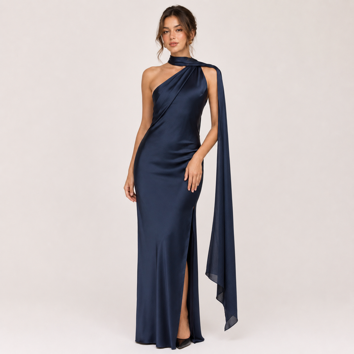 Glide | Navy Blue Satin One Shoulder Maxi Dress
