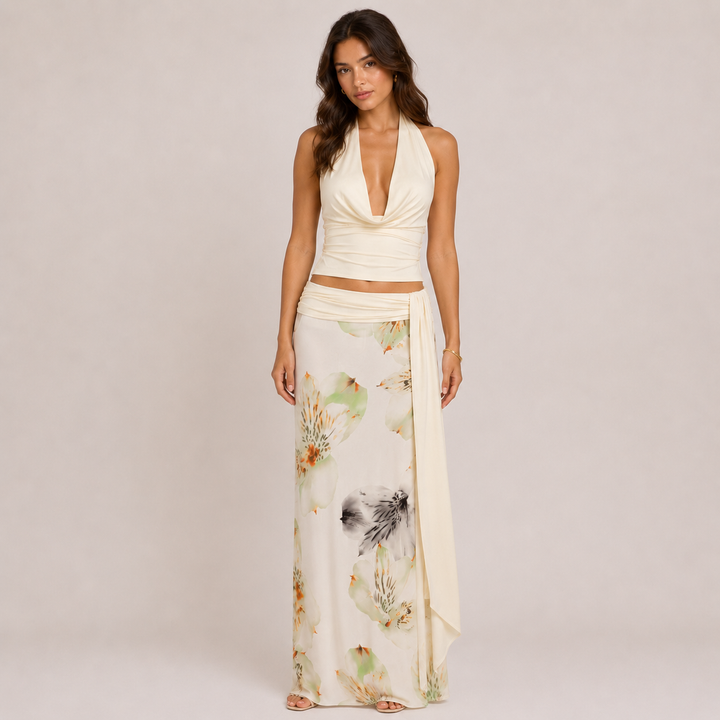 Soar | Light Yellow Halter Crop Top &amp; Wrap Maxi Skirt Set