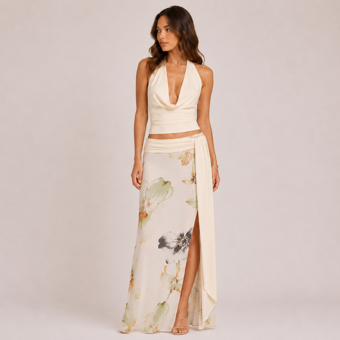 Soar | Light Yellow Halter Crop Top &amp; Wrap Maxi Skirt Set