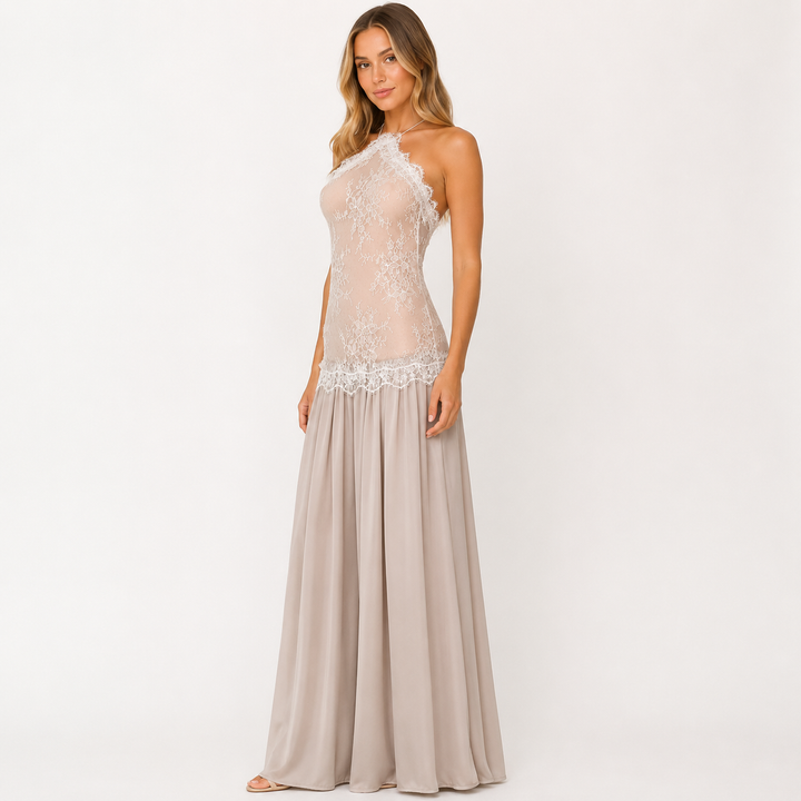 Once | Ivory Lace Floral Halter Maxi Dress