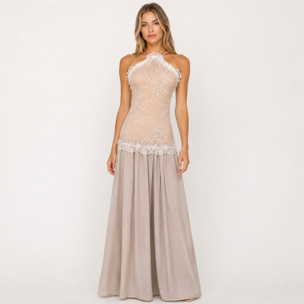 Once | Ivory Lace Floral Halter Maxi Dress