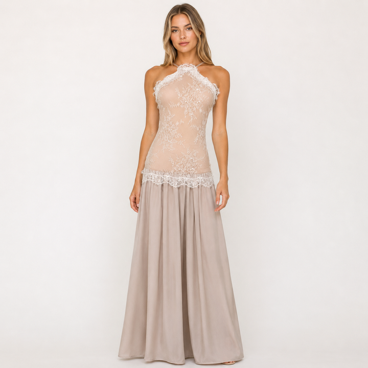 Once | Ivory Lace Floral Halter Maxi Dress