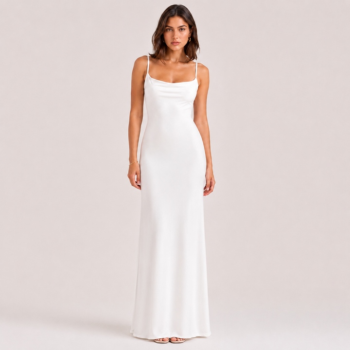 Dove | White Satin Cowl Neck Backless Maxi Dress