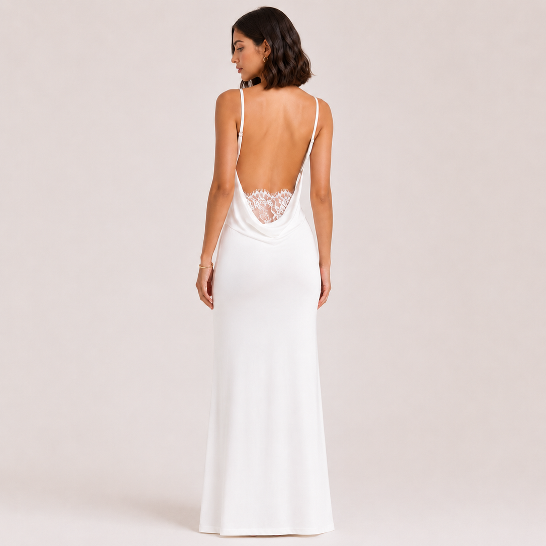 Dove | White Satin Cowl Neck Backless Maxi Dress