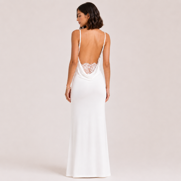 Dove | White Satin Cowl Neck Backless Maxi Dress