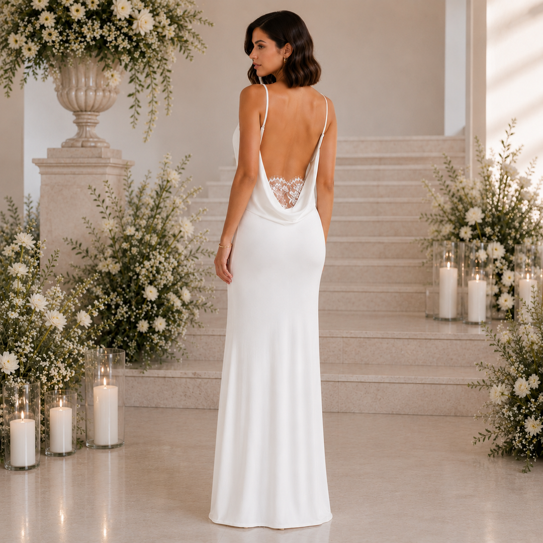 Dove | White Satin Cowl Neck Backless Maxi Dress
