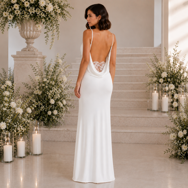Dove | White Satin Cowl Neck Backless Maxi Dress
