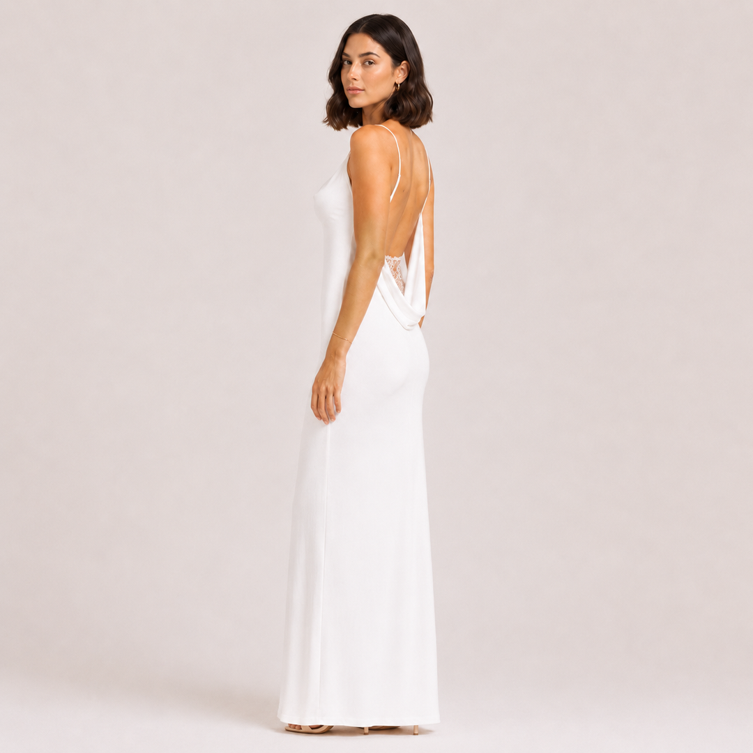 Dove | White Satin Cowl Neck Backless Maxi Dress