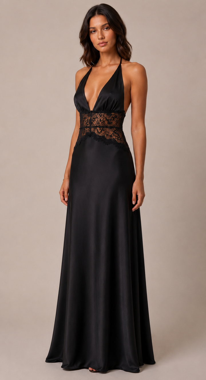 Smoke | Black Satin Halter Lace Maxi Dress