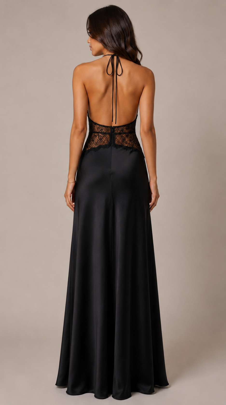 Smoke | Black Satin Halter Lace Maxi Dress