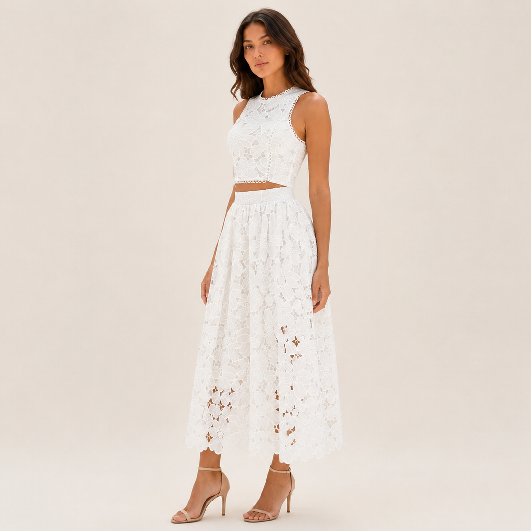 Blush | White Floral Lace Two Piece Maxi Skirt Set