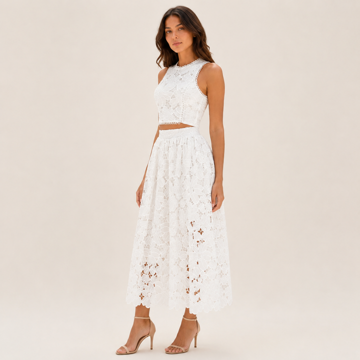 Blush | White Floral Lace Two Piece Maxi Skirt Set