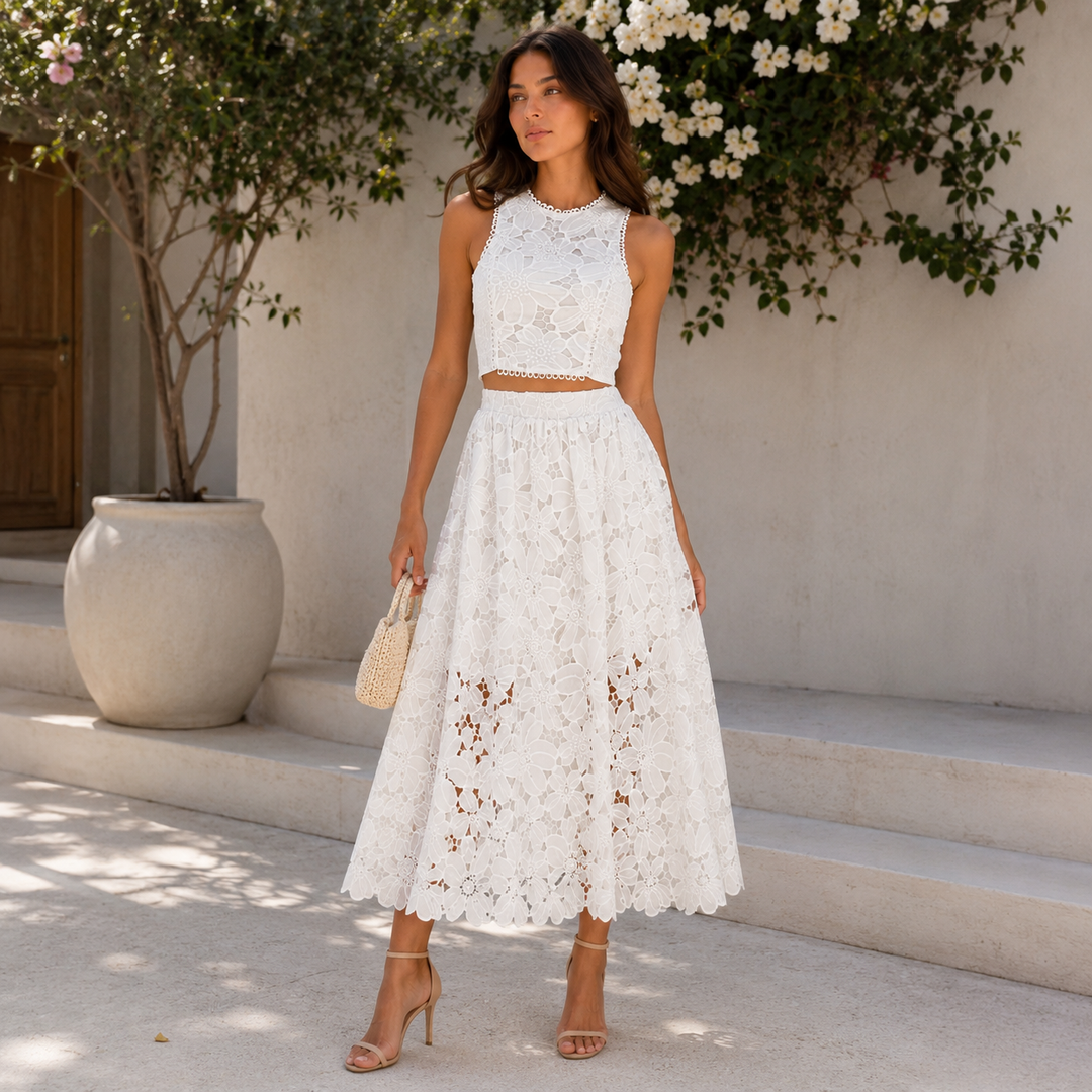 Blush | White Floral Lace Two Piece Maxi Skirt Set