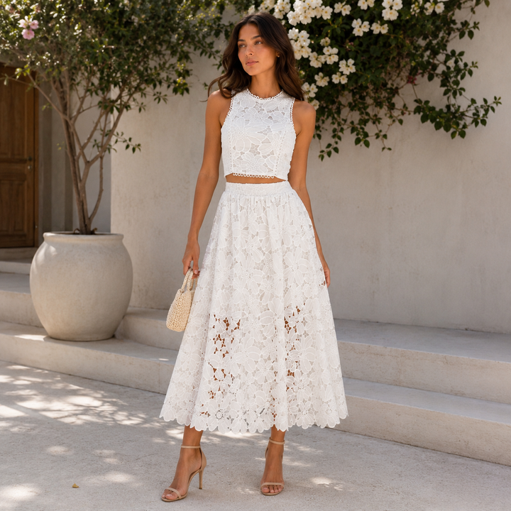 Blush | White Floral Lace Two Piece Maxi Skirt Set