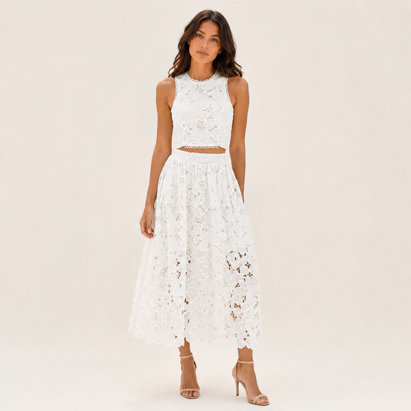 Blush | White Floral Lace Two Piece Maxi Skirt Set