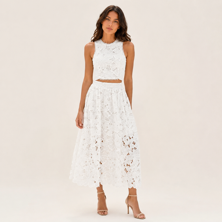 Blush | White Floral Lace Two Piece Maxi Skirt Set