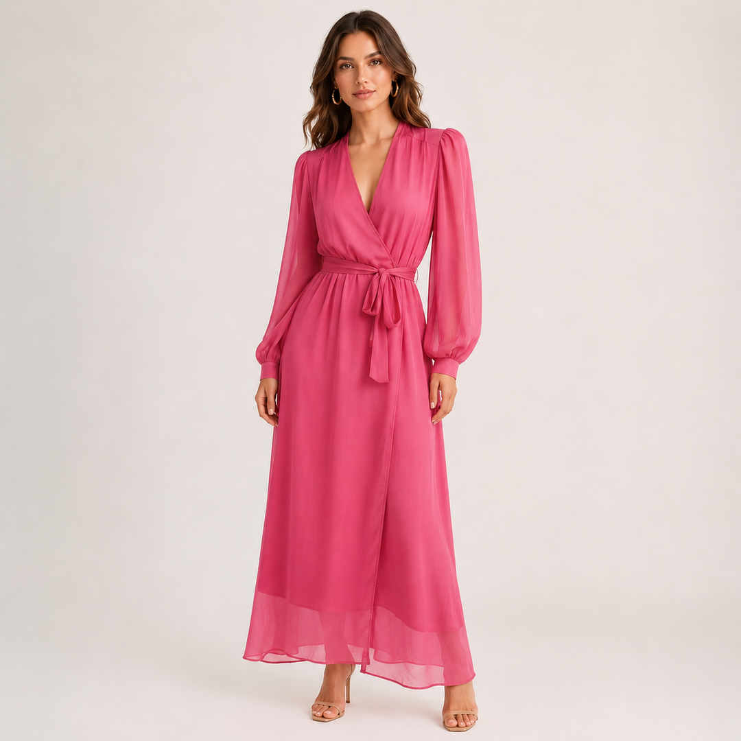 Flare | Pink Chiffon V Neck Long Sleeve Wrap Maxi Dress