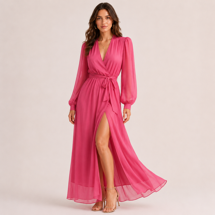 Flare | Pink Chiffon V Neck Long Sleeve Wrap Maxi Dress