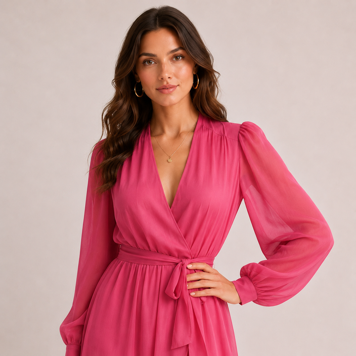 Flare | Pink Chiffon V Neck Long Sleeve Wrap Maxi Dress
