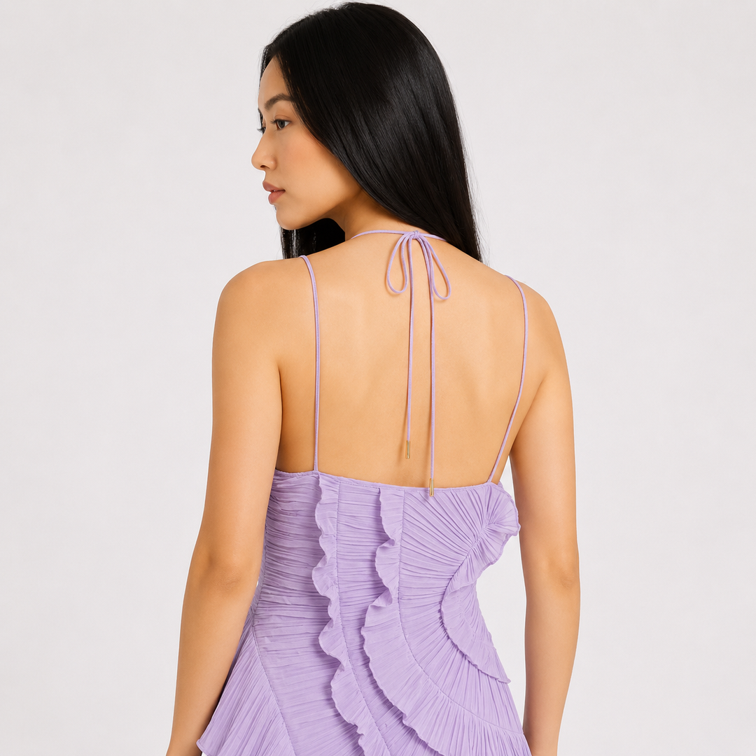 Grace | Purple Pleated Frill Wedding Guest Maxi Dress