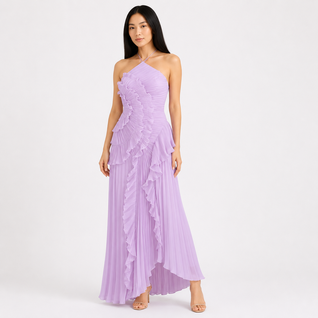 Grace | Purple Pleated Frill Wedding Guest Maxi Dress