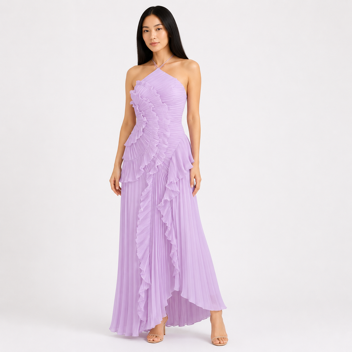 Grace | Purple Pleated Frill Wedding Guest Maxi Dress