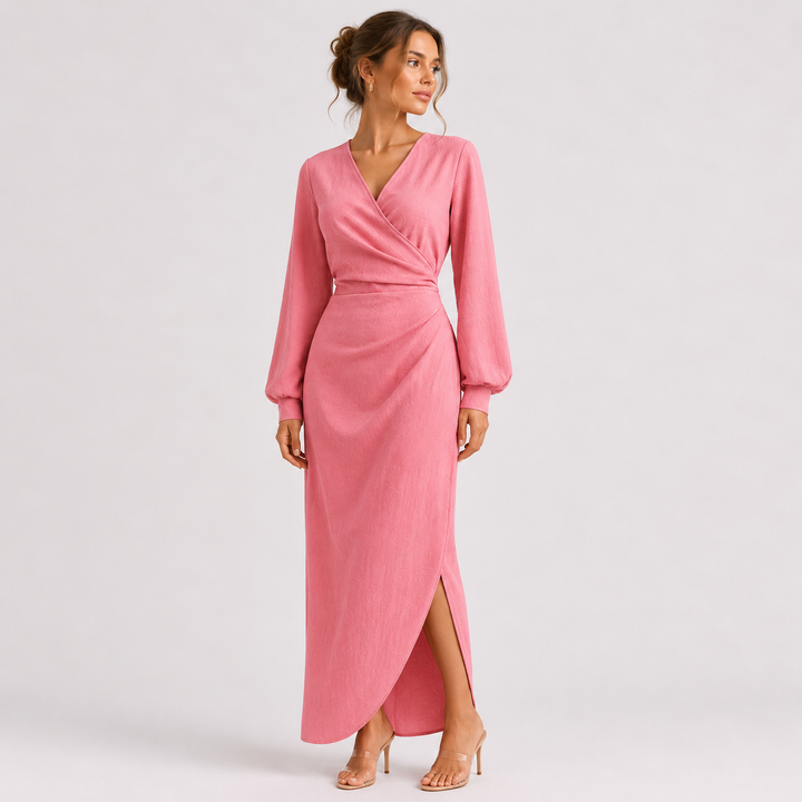 Held | Pink Draped V Neck Wrap Maxi Dress